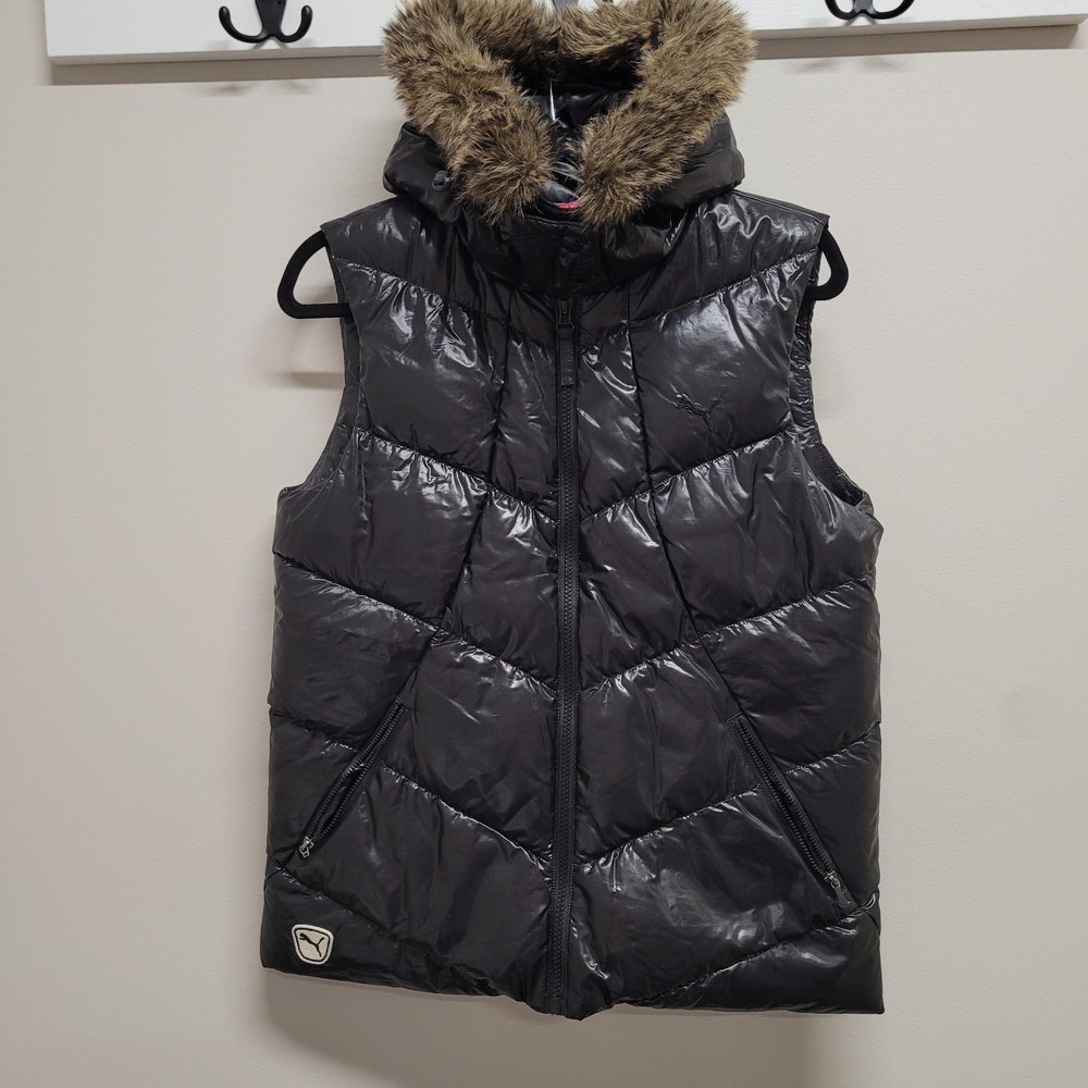 Puma Womens Metallic Black Down Fill Puffer Vest Faux Fur Hood Hooded Size M